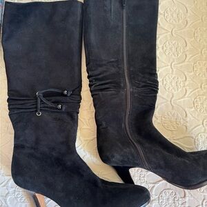 Women's Black Suede Over-the-Knee Boots with Tie Detail